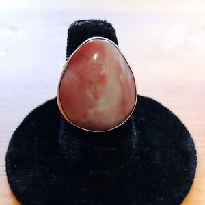 Vtg Jay King DTR China 925 Sterling Silver & Pink tear drop cabochon Agate Ring